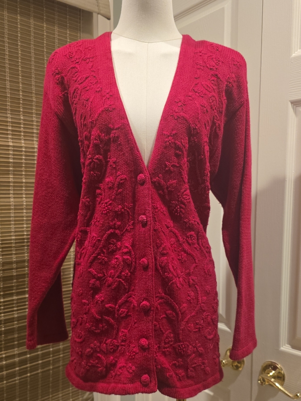 Women’s Pink Floral Knit Button-Front Sweater Cardigan
